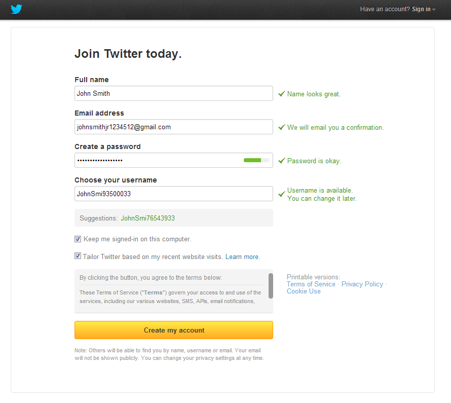Twitter Create an Account